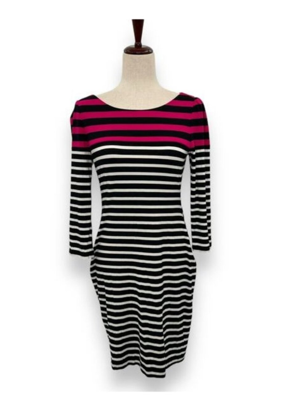 Dress Black & White Stripe 3/4 Sleeve Fitted Sheath Pink